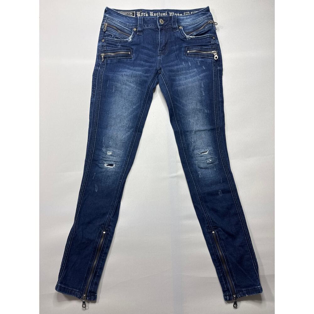 Rock Revival‎ Camille Women's Skinny Moto Style Blue Jeans - Size 27 (27x29)